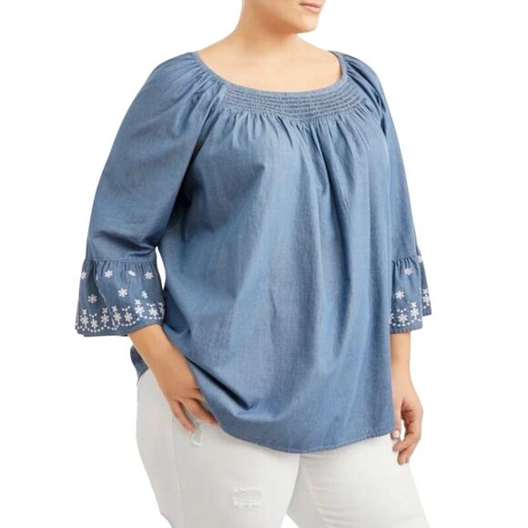 Terra & sky Women's Plus Size Woven Peasant Top Embroidered Floral 2X Boho - Picture 1 of 11